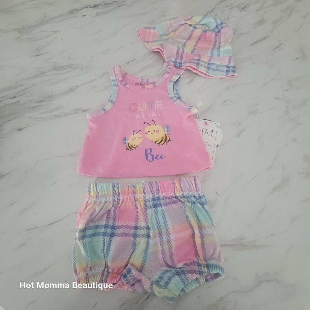Infant Pink Plaid Bucket Hat 3 Piece Short Set 3-6M